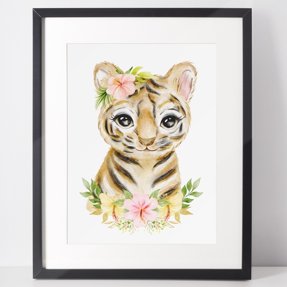 Cute Watercolor Floral Tiger Wall Art Print Poster Unframed - Picture 2 of 9